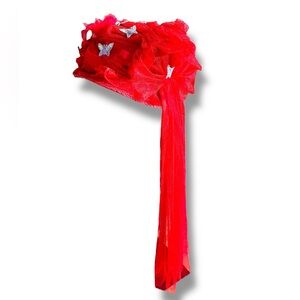 Wide Brim Church Kentucky Derby Dress Hat Red Silver Glitter Butterflies Train